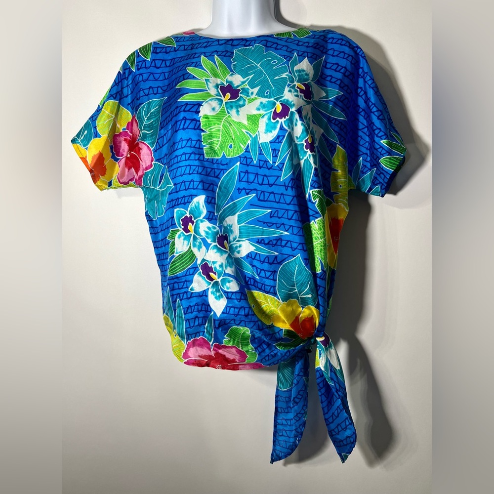 Vintage Maggy London 100% Silk Tropical Side Tie Colorful Top Blouse MINT Cond!